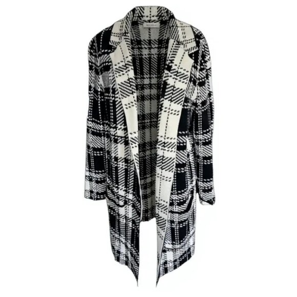 CHAPS Black & White Houndstooth Plaid Cardigan Size M | Open Front Longline Swea - Picture 1 of 11